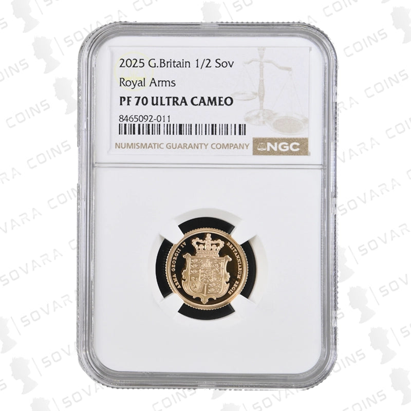 Reverse of 2025 Royal Arms Gold Proof Half Sovereign with heraldic Royal Arms design in NGC PF70 Ultra Cameo holder.