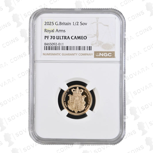 Reverse of 2025 Royal Arms Gold Proof Half Sovereign with heraldic Royal Arms design in NGC PF70 Ultra Cameo holder.