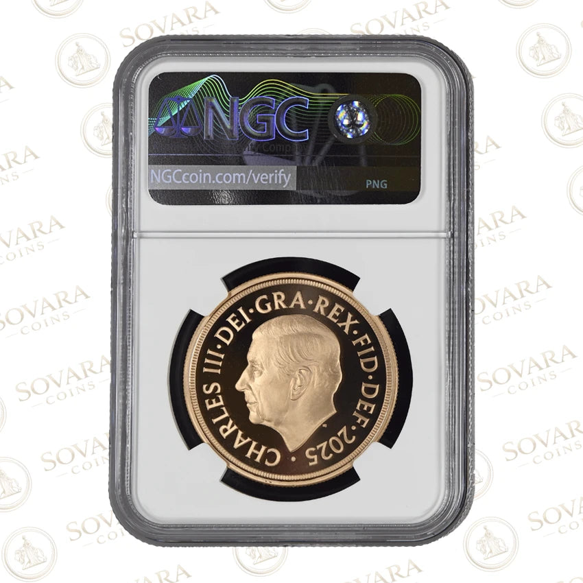 2025 Royal Arms Quintuple Sovereign obverse - Martin Jennings King Charles III portrait