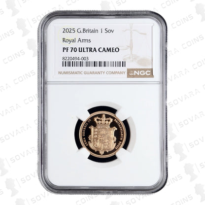 2025 Royal Arms Gold Proof Sovereign reverse – Royal Arms design PF70 UC