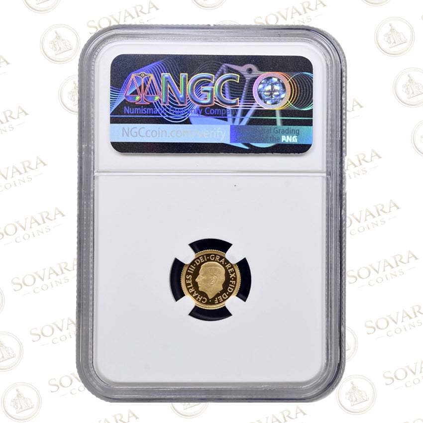 2026 Proof Quarter Sovereign PF70 Ultra Cameo showing traditional yellow gold tone King Charles III