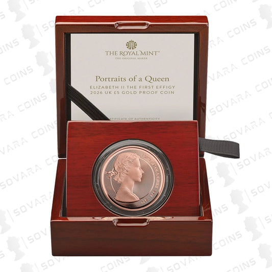 2026 Portraits of a Queen The First Effigy £5 Gold Proof Coin in presentation box