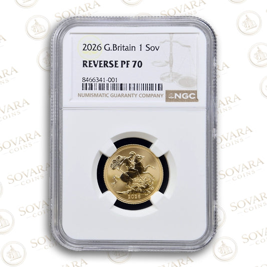 2026 Gold Reverse Proof Sovereign Reverse PF70 with frosted fields and mirrored design
