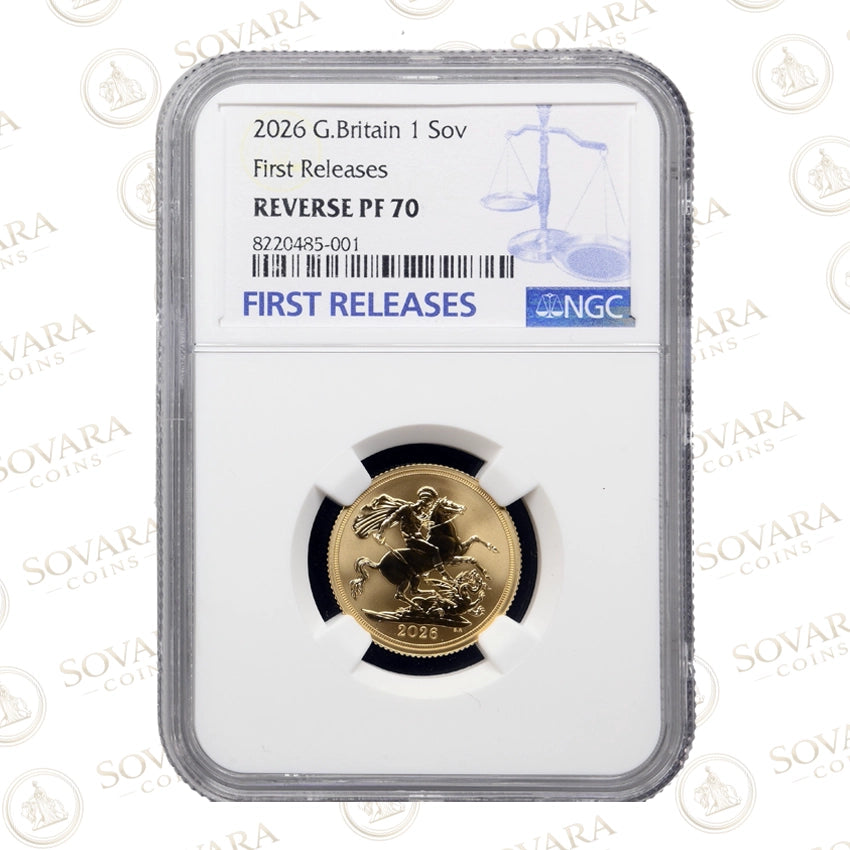 2026 Gold Reverse Proof Sovereign Reverse PF70 with frosted fields and mirrored design