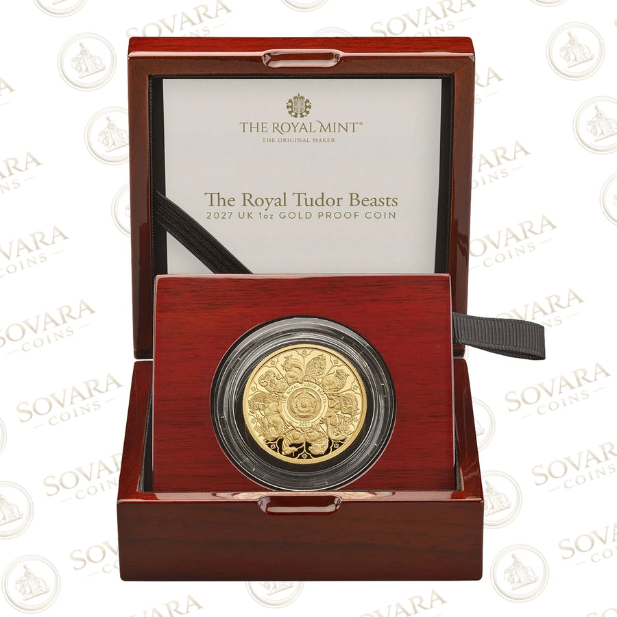 Royal Tudor Beasts Completer 2027 1oz gold proof coin in its Royal Mint presentation box