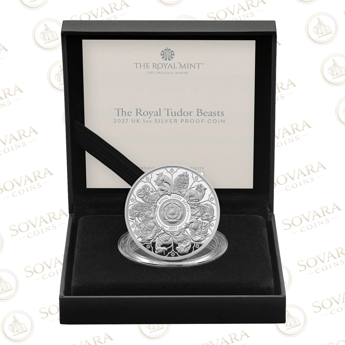 Royal Tudor Beasts Completer 2027 1oz silver proof coin in its Royal Mint presentation box