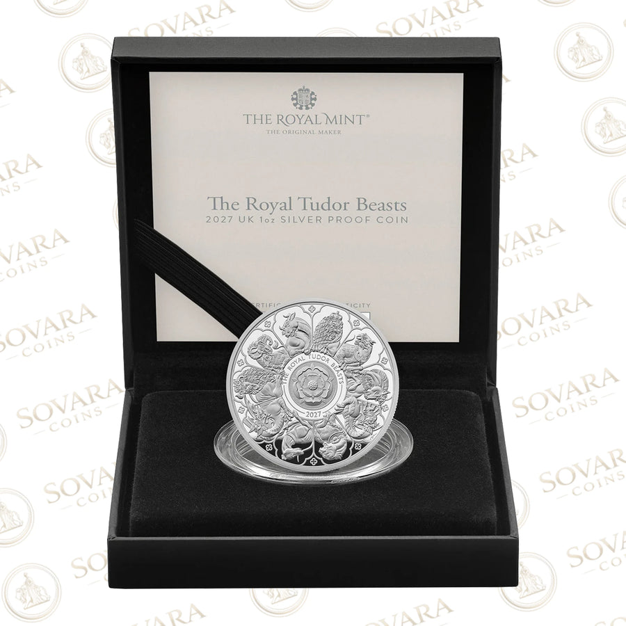 Royal Tudor Beasts Completer 2027 1oz silver proof coin in its Royal Mint presentation box