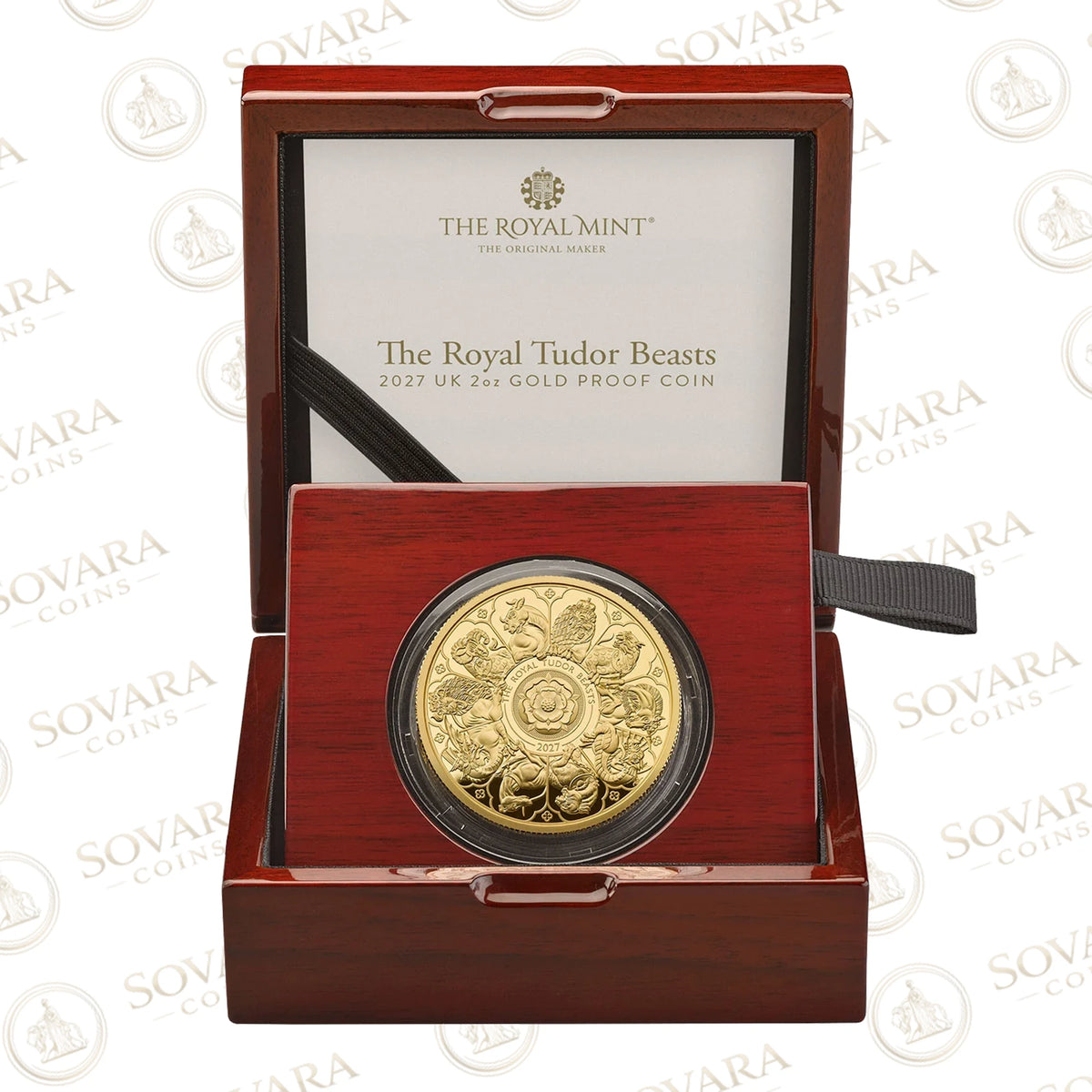 Royal Tudor Beasts Completer 2027 2oz gold proof coin in its Royal Mint presentation box