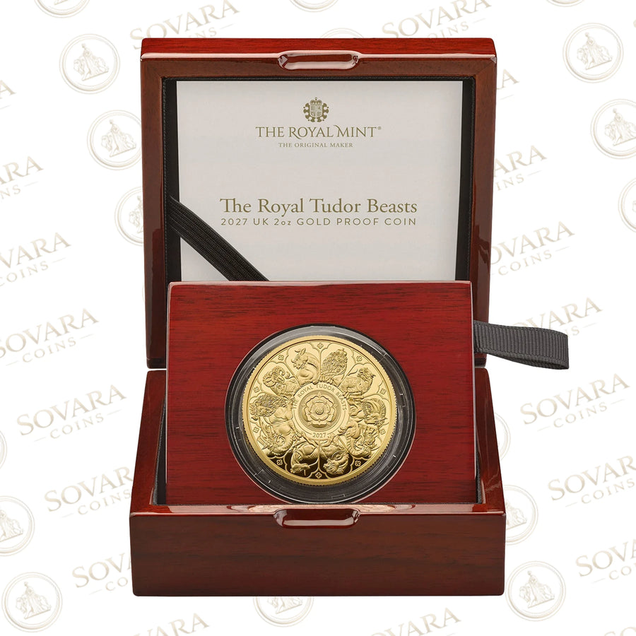 Royal Tudor Beasts Completer 2027 2oz gold proof coin in its Royal Mint presentation box