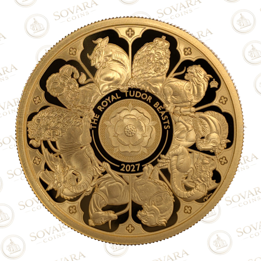 Royal Tudor Beasts Completer 2027 2oz gold proof coin reverse - all ten Tudor Beasts David Lawrence design with privy mark