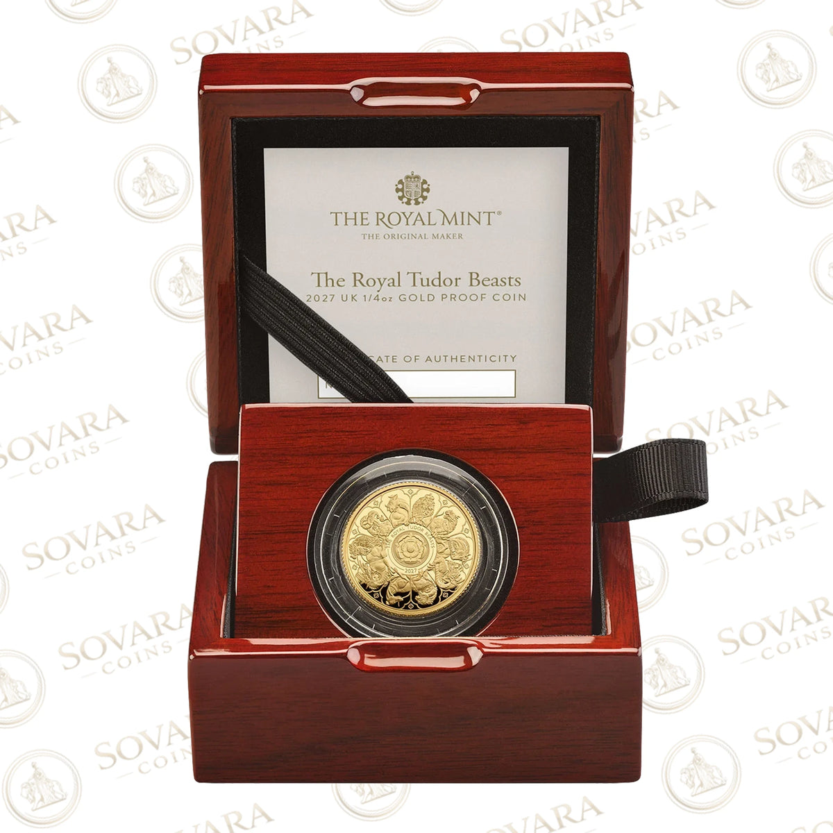 Royal Tudor Beasts Completer 2027 quarter-ounce gold proof coin in its Royal Mint presentation box