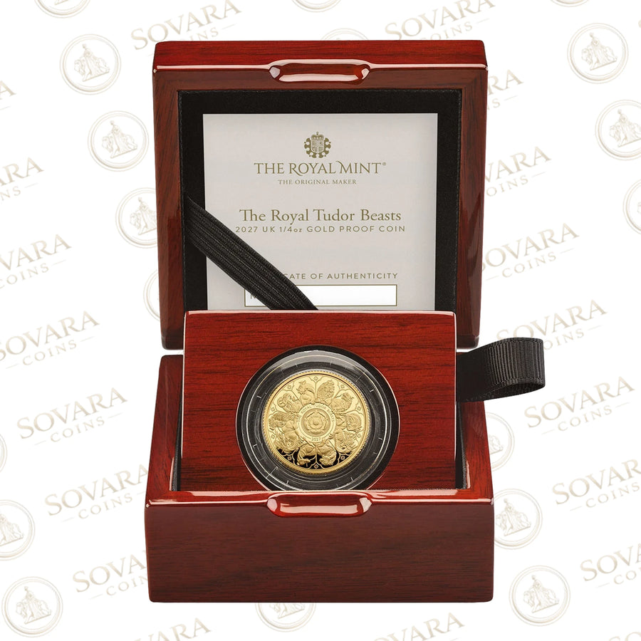 Royal Tudor Beasts Completer 2027 quarter-ounce gold proof coin in its Royal Mint presentation box