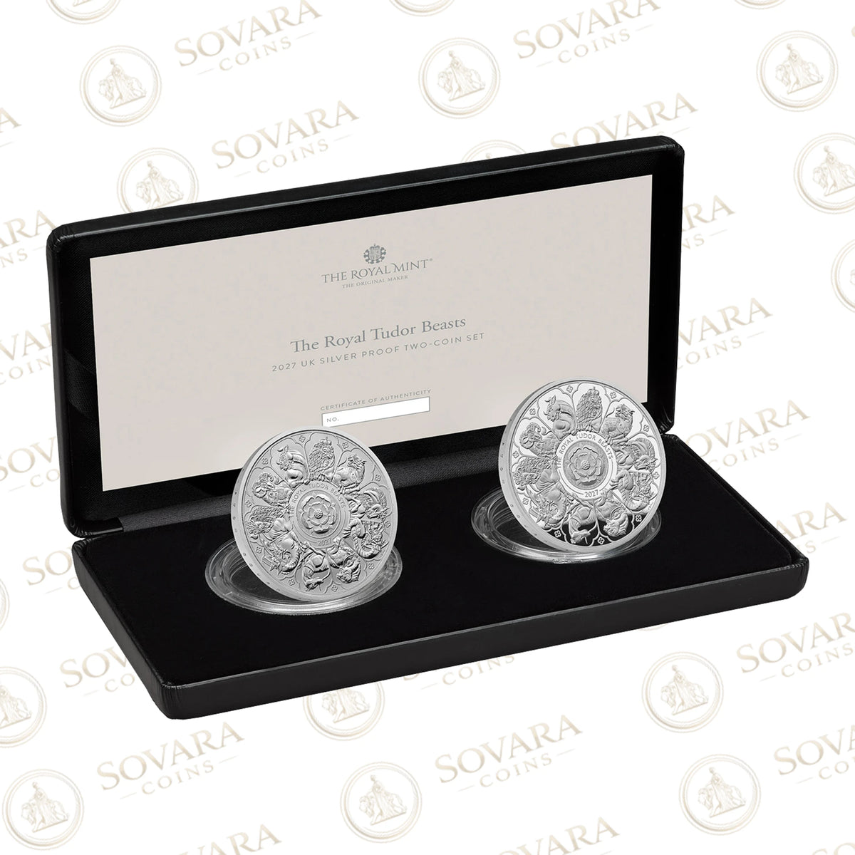 Royal Tudor Beasts Completer 2027 silver proof two-coin set, proof and reverse frosted proof, in Royal Mint presentation box