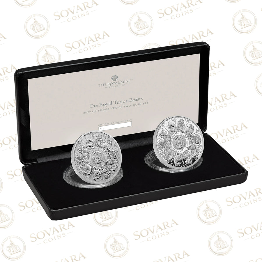 Royal Tudor Beasts Completer 2027 silver proof two-coin set, proof and reverse frosted proof, in Royal Mint presentation box