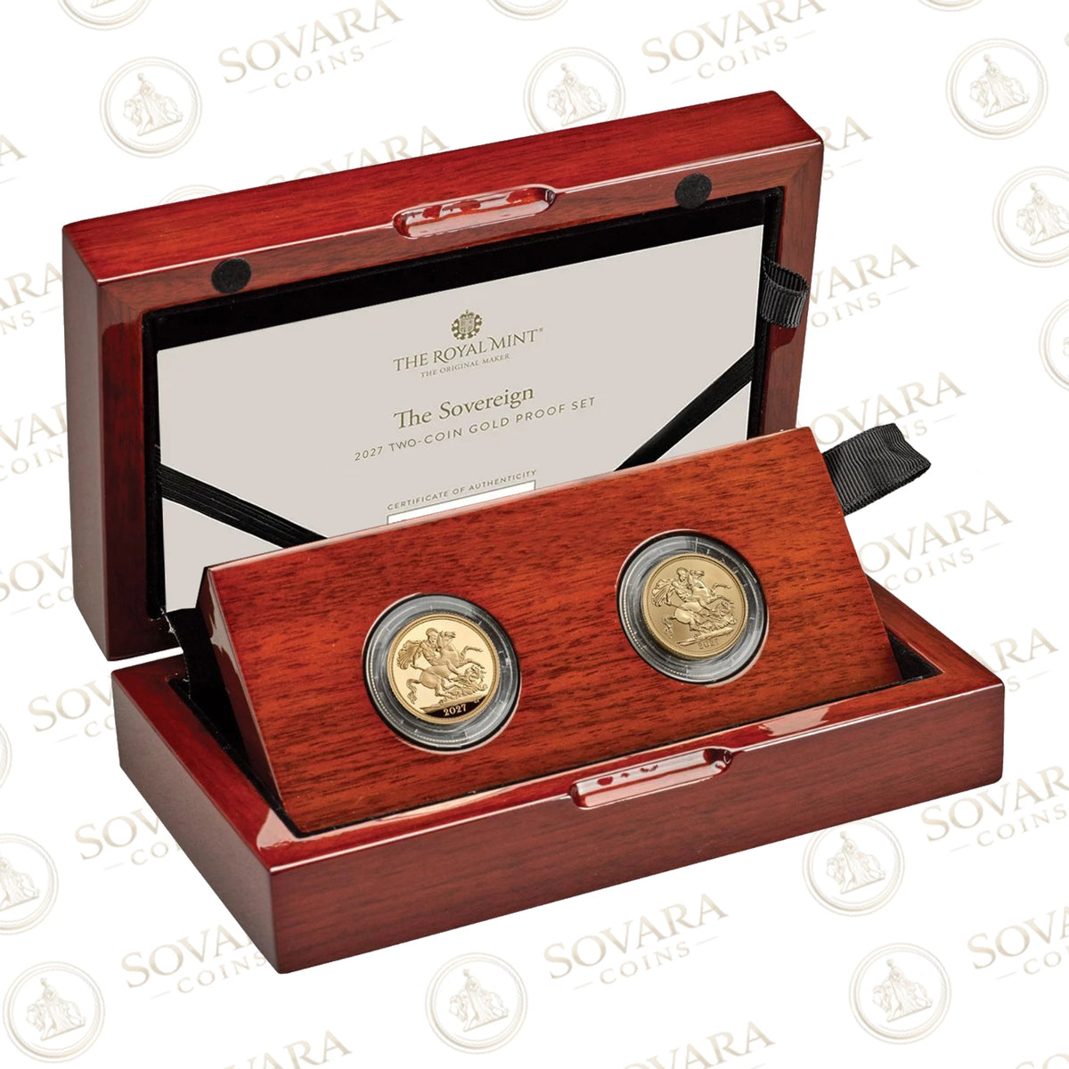 2027 Sovereign reverse frosted gold proof two-coin set, Mint Marque exclusive, in Royal Mint presentation box