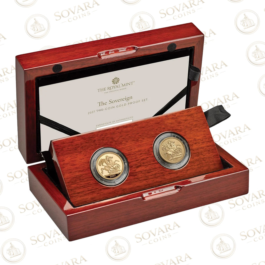 2027 Sovereign reverse frosted gold proof two-coin set, Mint Marque exclusive, in Royal Mint presentation box