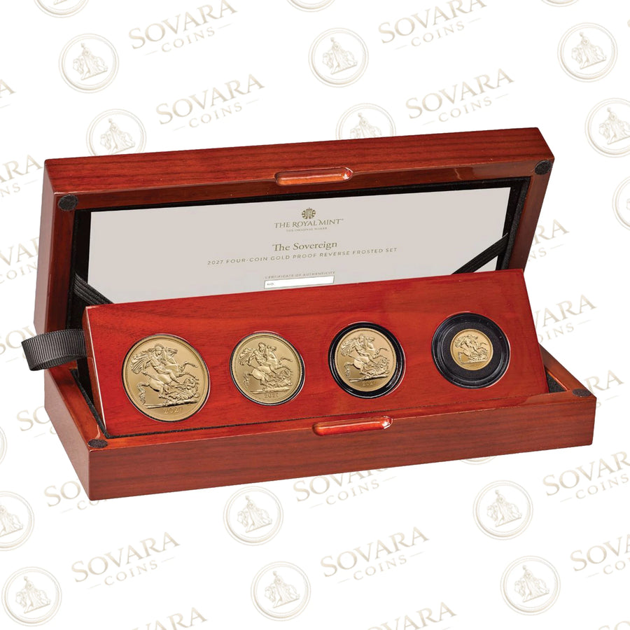 2027 Sovereign reverse frosted gold proof four-coin set in its Royal Mint presentation case, showing the Double, Full, Half and Quarter Sovereign