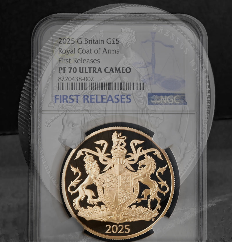 Gold coin with Royal Coat of Arms design in a clear holder, featuring NGC certification.