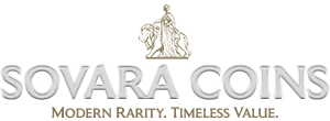Sovara Coins logo featuring Una and the Lion in gold – specialists in proof and graded gold sovereigns in the UK.