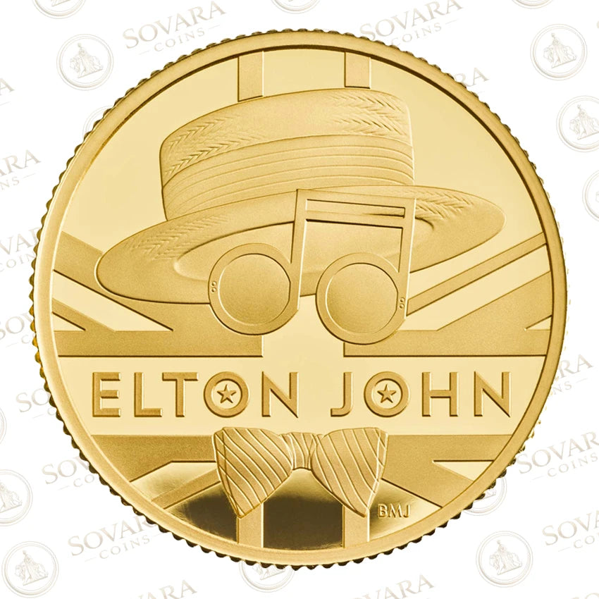 Elton John 2020 gold proof coin reverse - musical note sunglasses boater hat design