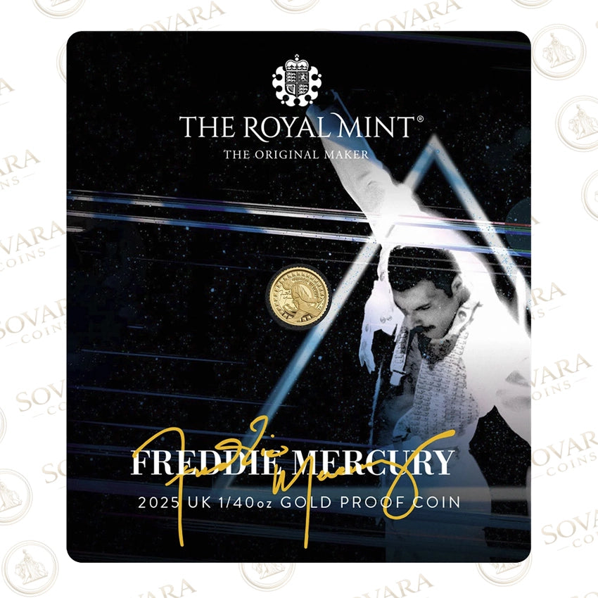Royal Mint Freddie Mercury gold coin packaging with a portrait of Freddie Mercury.