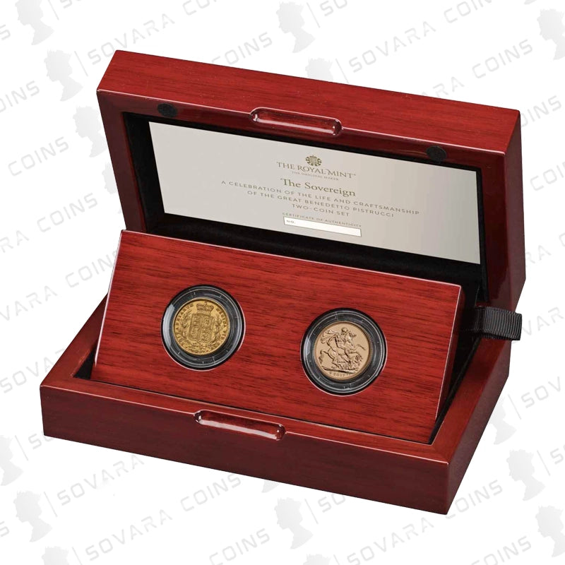 Benedetto Pistrucci two‑coin gold set – 1855 Victoria Shield Sovereign and 2017 St George bicentenary Sovereign