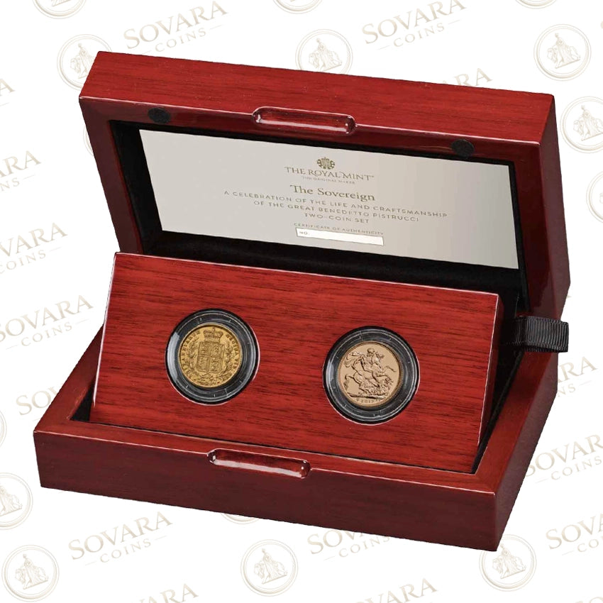 Benedetto Pistrucci two-coin sovereign gold set featuring 1855 Victoria sovereign and 2017 bicentenary sovereign in presentation case