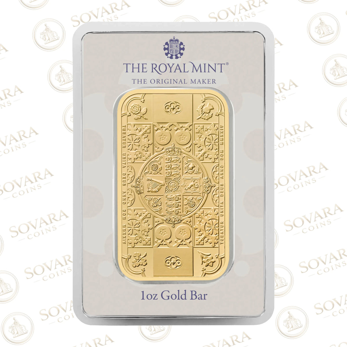 The Gothic Crown 1oz gold bar by The Royal Mint, sealed in its assay card