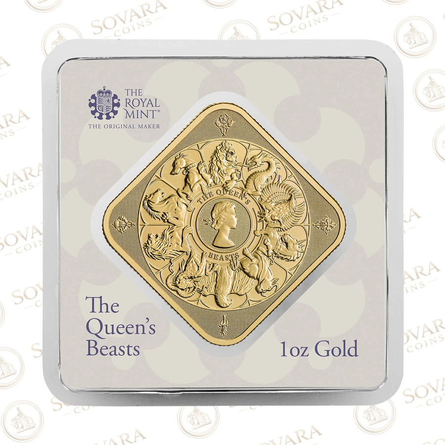 The Queen's Beasts 1oz gold bar by The Royal Mint, sealed in its assay card