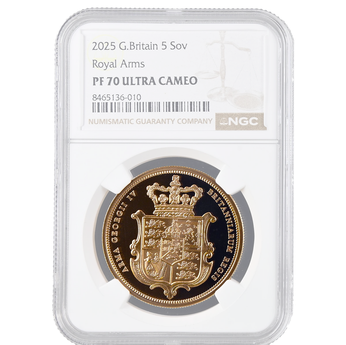 A 2025 G. Britain 5 Sov gold coin in a clear NGC PC/70 Ultra Cameo holder, showing the detailed gold coin with a black center and a white label at the top.