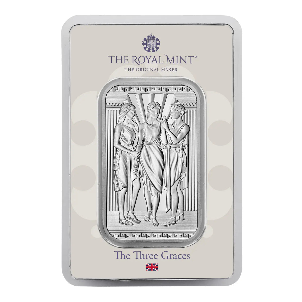 1oz Royal Mint Three Graces Silver Bar, inspired by the historic Three Graces coin design.